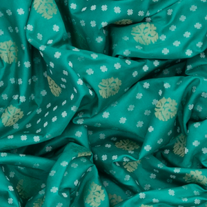 Turquoise Handloom Banarasi Silk Saree With Floral & Corner Paisley Motifs-Turquoise