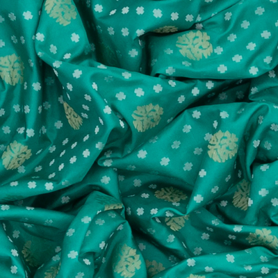 Turquoise Handloom Banarasi Silk Saree With Floral & Corner Paisley Motifs-Turquoise