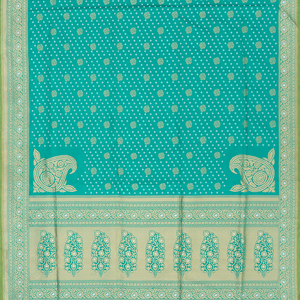 Turquoise Handloom Banarasi Silk Saree With Floral & Corner Paisley Motifs-Turquoise