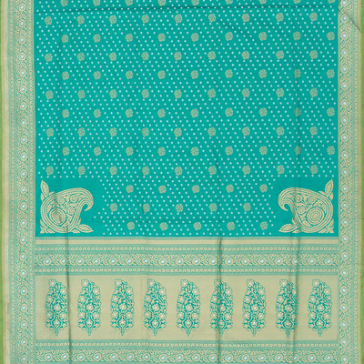 Turquoise Handloom Banarasi Silk Saree With Floral & Corner Paisley Motifs-Turquoise