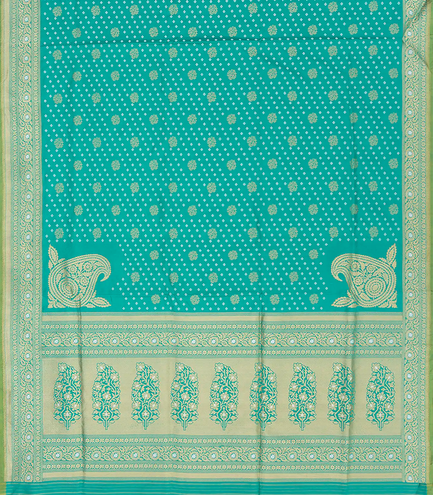 Turquoise Handloom Banarasi Silk Saree With Floral & Corner Paisley Motifs-Turquoise