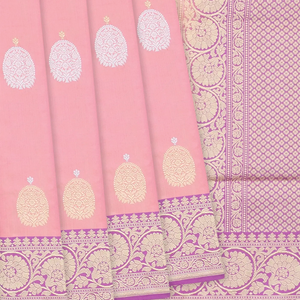 Light Peach Handloom Banarasi Silk Saree With Floral Butta & Lilac Border-Light Peach