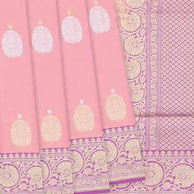 Light Peach Handloom Banarasi Silk Saree With Floral Butta & Lilac Border-Light Peach