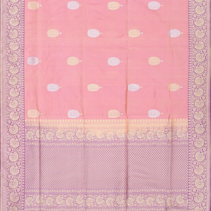 Light Peach Handloom Banarasi Silk Saree With Floral Butta & Lilac Border-Light Peach