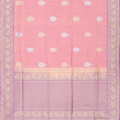 Light Peach Handloom Banarasi Silk Saree With Floral Butta & Lilac Border-Light Peach
