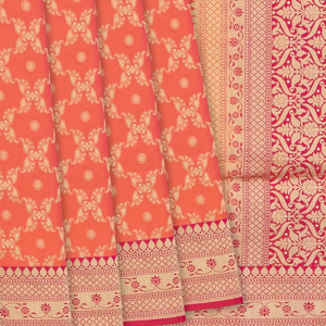 Orange Handloom Banarasi Silk Saree With Floral Jaal Motifs-Orange
