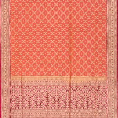 Orange Handloom Banarasi Silk Saree With Floral Jaal Motifs-Orange