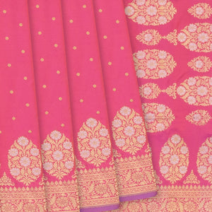 Bubble Gum Pink Handloom Banarasi Silk Saree With Moghul Flower Motifs-BubbleGum Pink