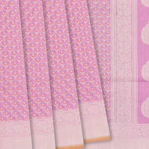 Bubble Gum Pink Handloom Banarasi Cotton Saree With Floral Motifs-BubbleGum Pink