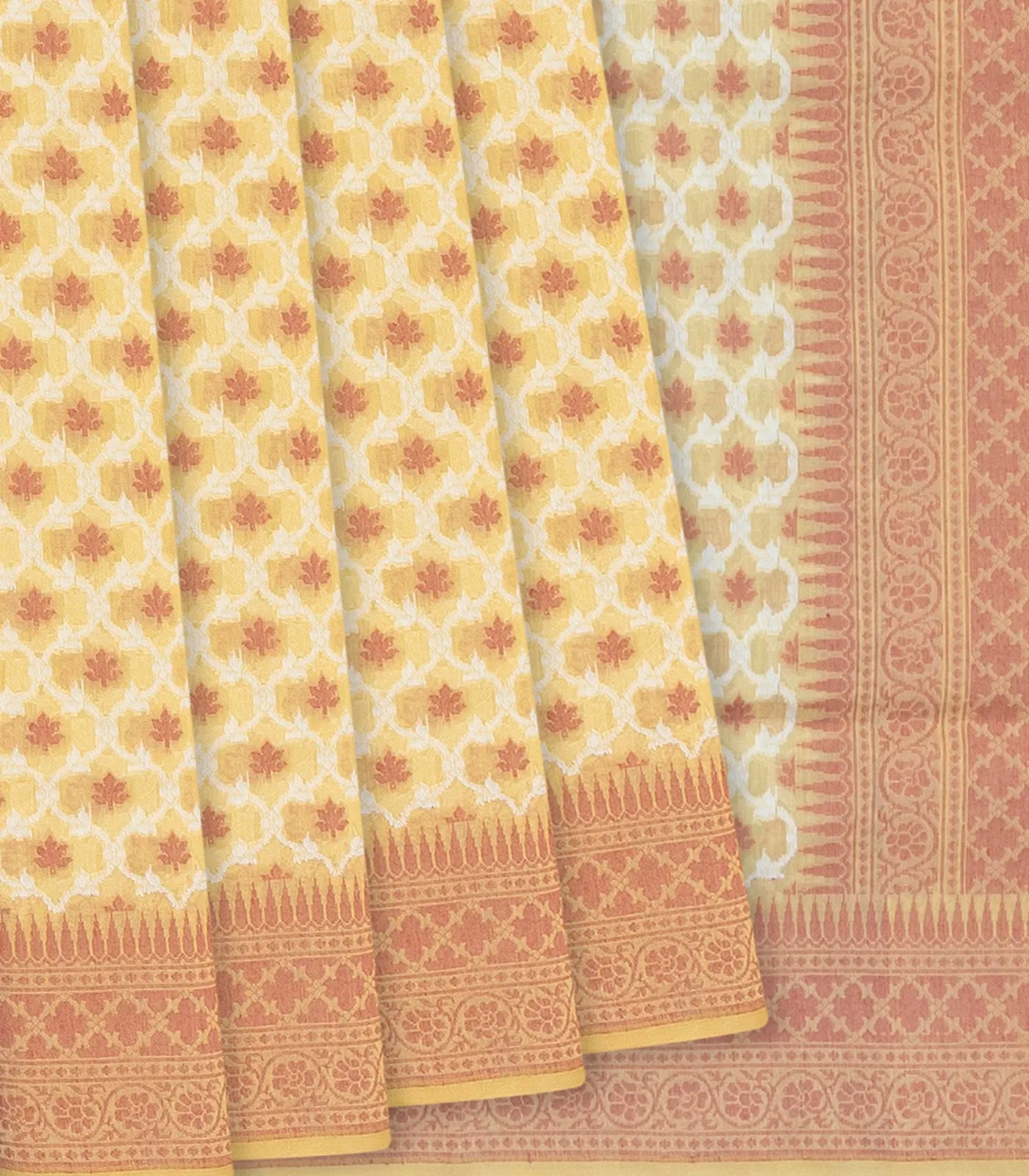 Sandal Handloom Banarasi Cotton Saree With Floral Jaal Motifs-Sandal