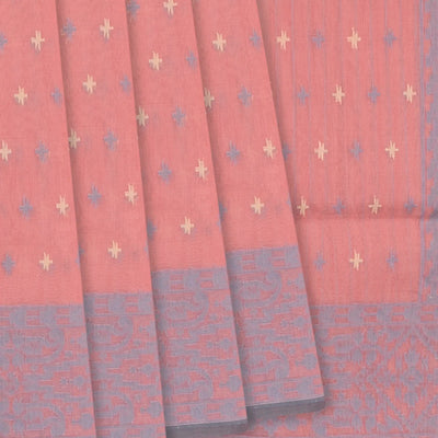 Dusty Pink Handloom Banarasi Cotton Saree With Floral Grey Border-Dusty Pink