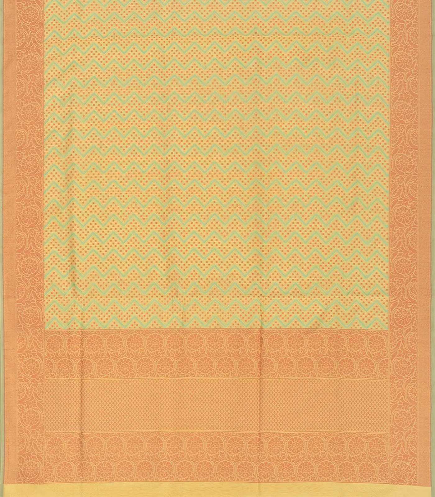 Cardamom Green Handloom Banarasi Cotton Saree With Chevron Motifs-Cardamom Green