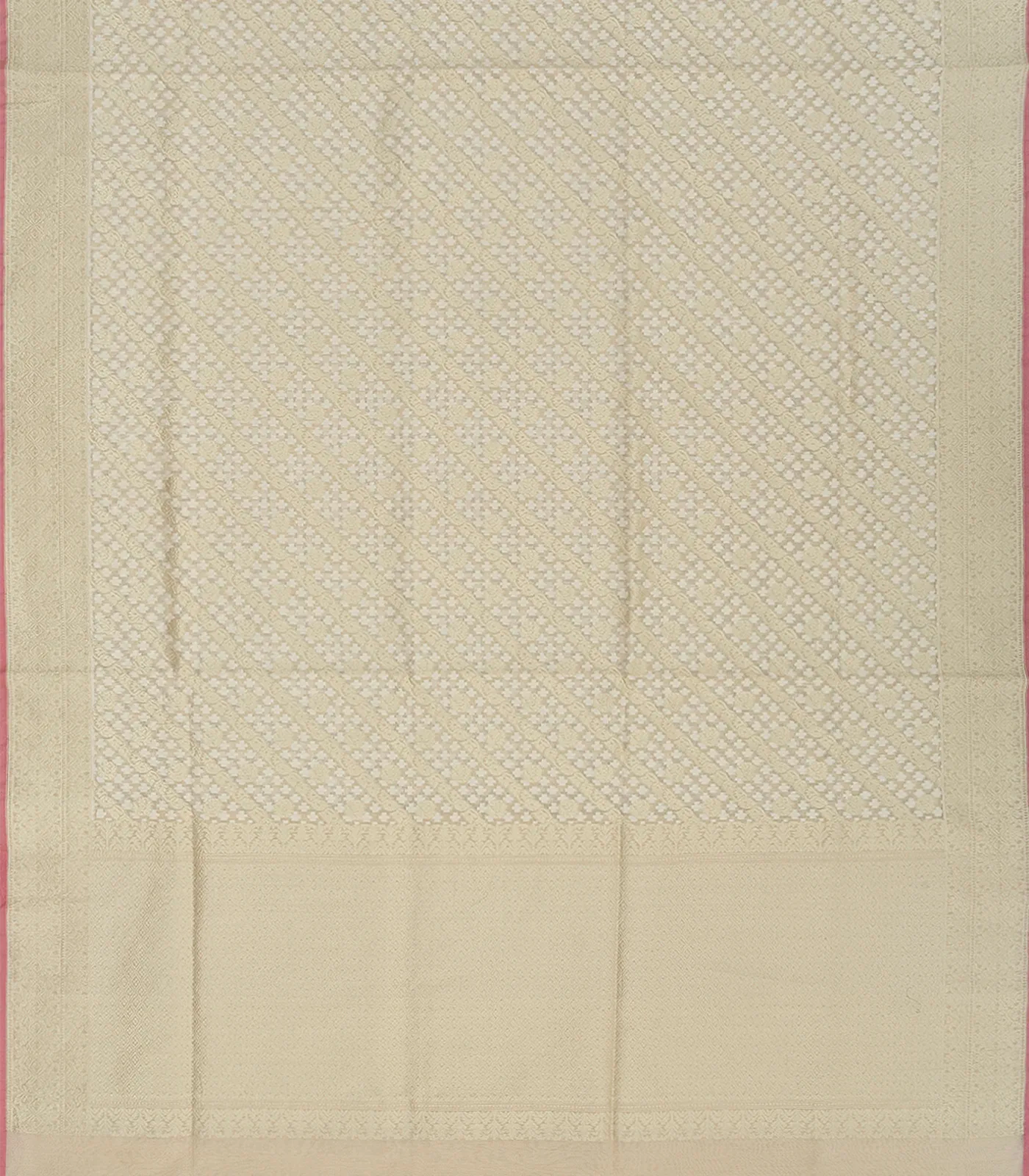 Beige Handloom Banarasi Cotton Saree With Diagonal Vine Motifs-Beige