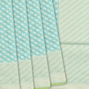 Turquoise Handloom Banarasi Cotton Saree With Floral Motifs-Turquoise