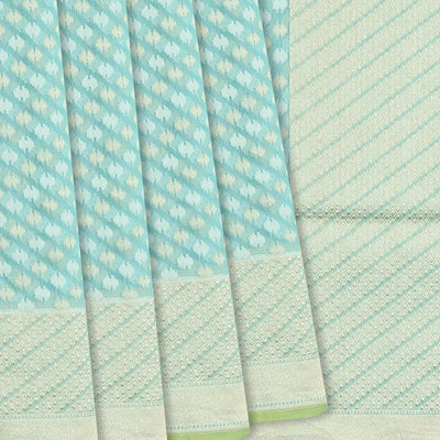 Turquoise Handloom Banarasi Cotton Saree With Floral Motifs-Turquoise