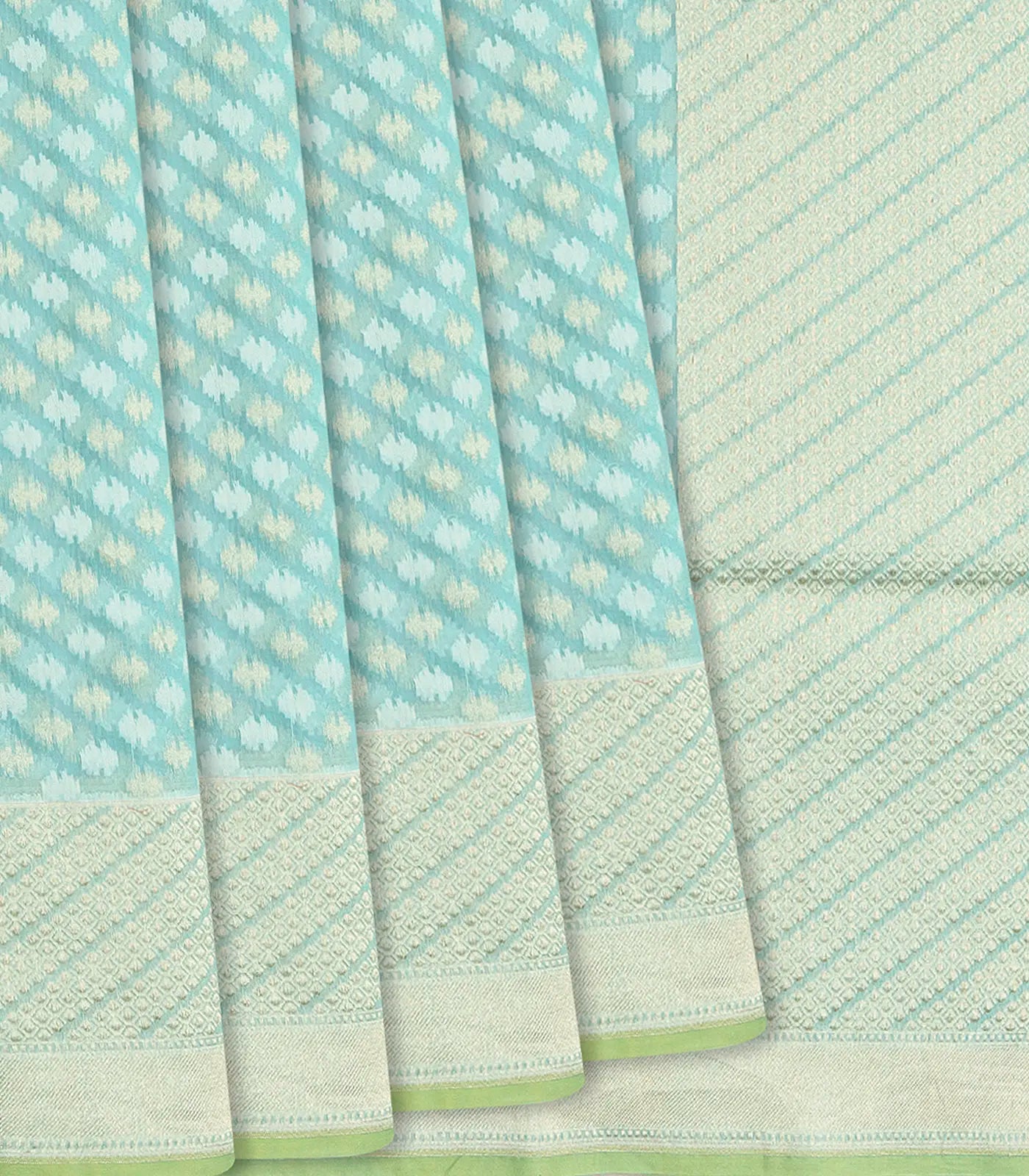 Turquoise Handloom Banarasi Cotton Saree With Floral Motifs-Turquoise