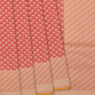 Red Handloom Banarasi Cotton Saree With Floral & Diagonal Motifs-Red