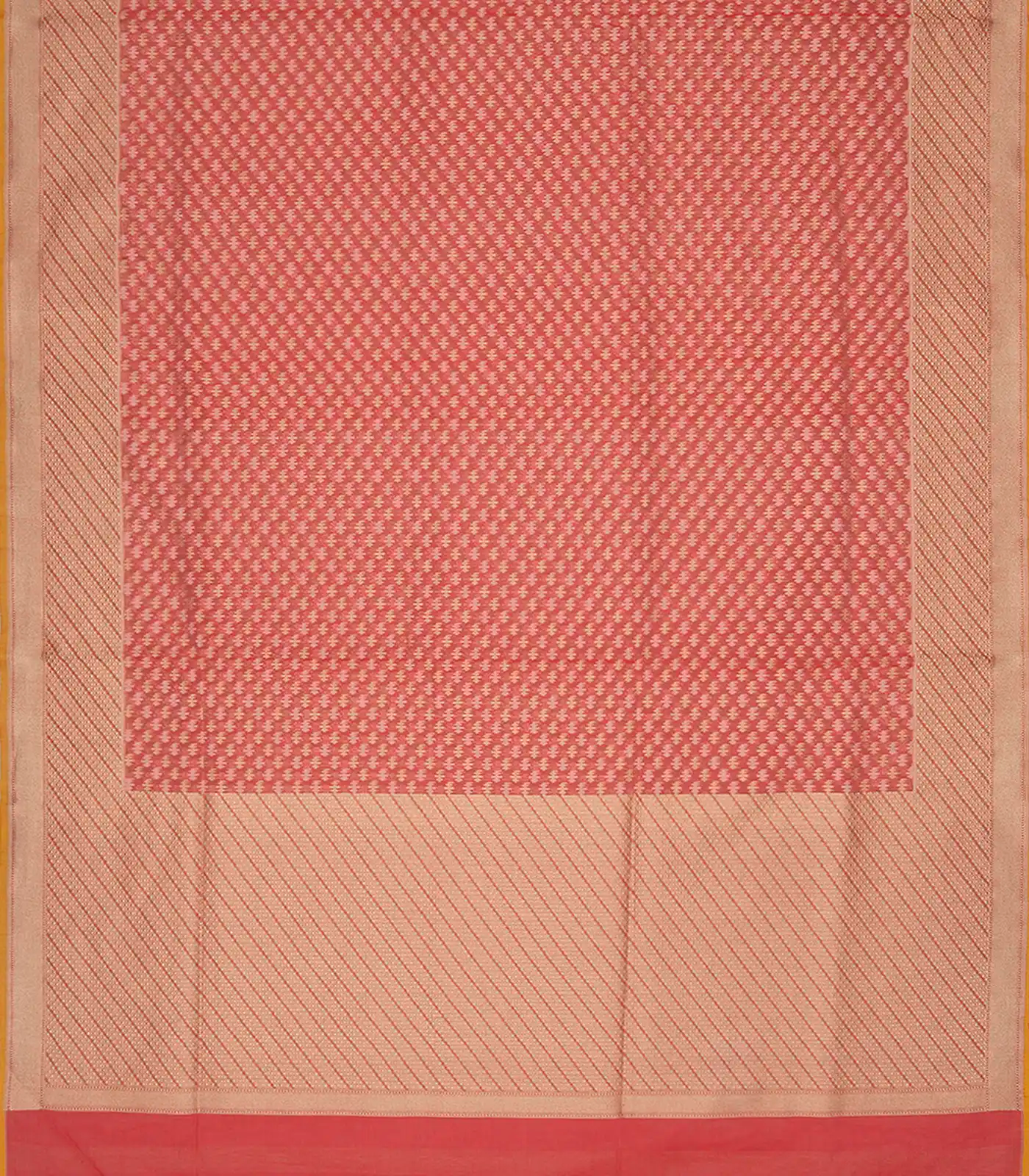 Red Handloom Banarasi Cotton Saree With Floral & Diagonal Motifs-Red