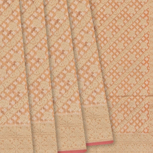 Peach Handloom Banarasi Cotton Saree With Diagonal Vine Motifs