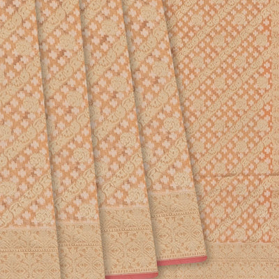 Peach Handloom Banarasi Cotton Saree With Diagonal Vine Motifs