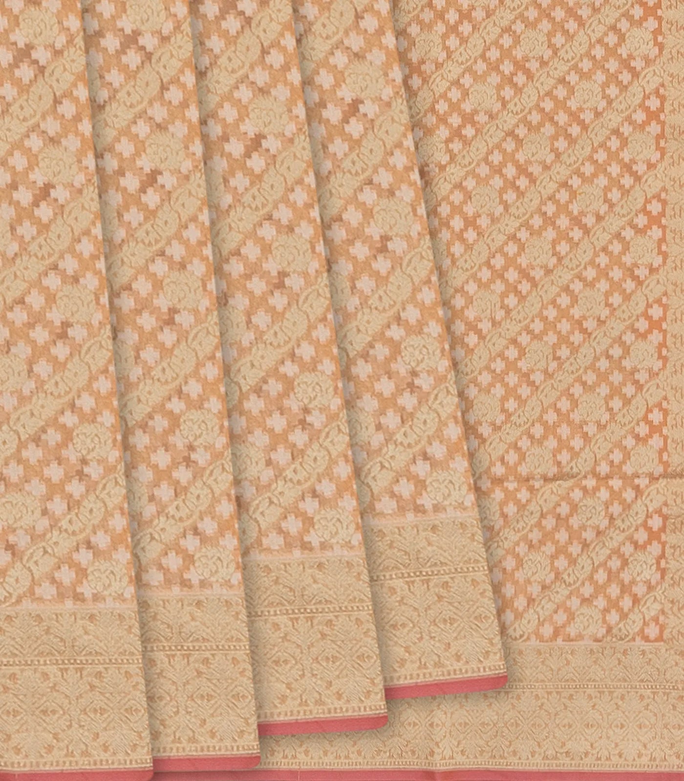 Peach Handloom Banarasi Cotton Saree With Diagonal Vine Motifs