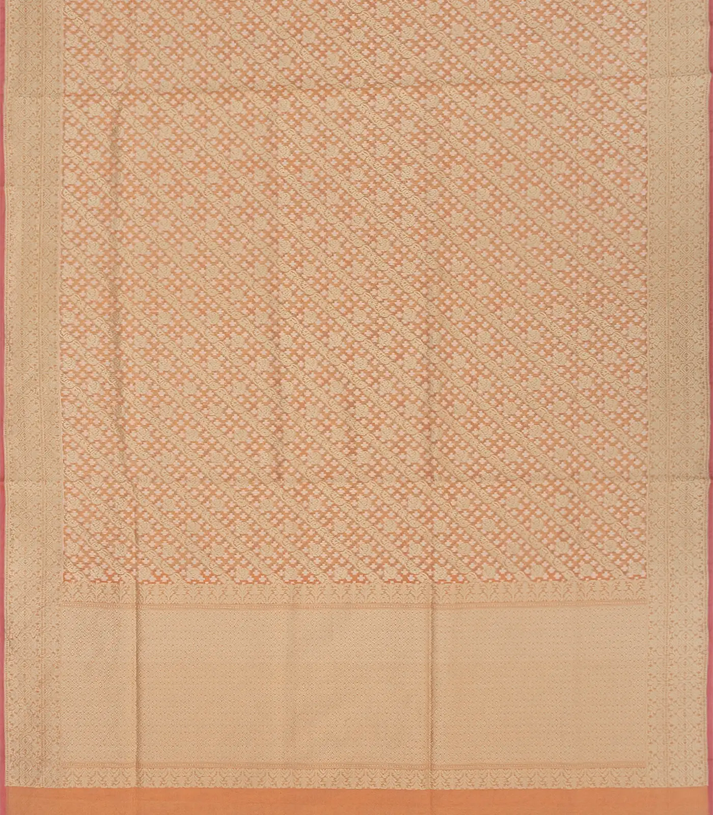 Peach Handloom Banarasi Cotton Saree With Diagonal Vine Motifs