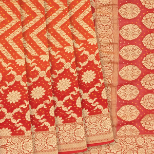 Red Handloom Banarasi Bandhani Khaddi Georgette Saree With Floral Jaal & Chevron Motifs-Red