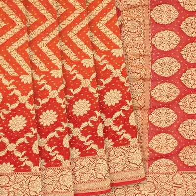 Red Handloom Banarasi Bandhani Khaddi Georgette Saree With Floral Jaal & Chevron Motifs-Red