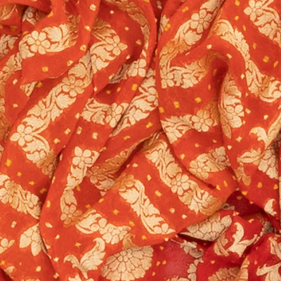 Red Handloom Banarasi Bandhani Khaddi Georgette Saree With Floral Jaal & Chevron Motifs-Red