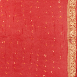 Red Handloom Banarasi Bandhani Khaddi Georgette Saree With Floral Jaal & Chevron Motifs-Red