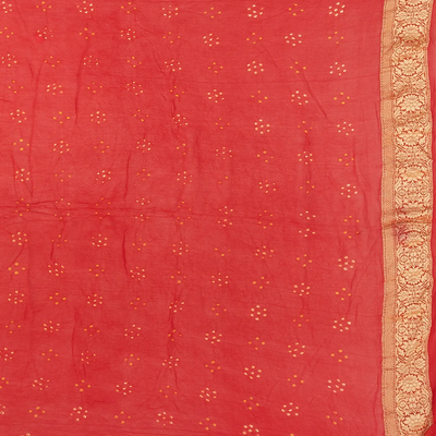 Red Handloom Banarasi Bandhani Khaddi Georgette Saree With Floral Jaal & Chevron Motifs-Red