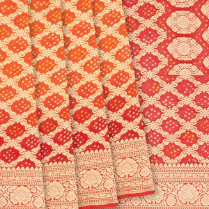 Red Handloom Banarasi Bandhani Khaddi Georgette Saree With Jaal Motifs-Red