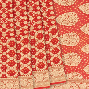 Red Handloom Banarasi Bandhani Khaddi Georgette Saree With Floral Jaal Motifs-Red