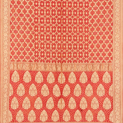 Red Handloom Banarasi Bandhani Khaddi Georgette Saree With Floral Jaal Motifs-Red