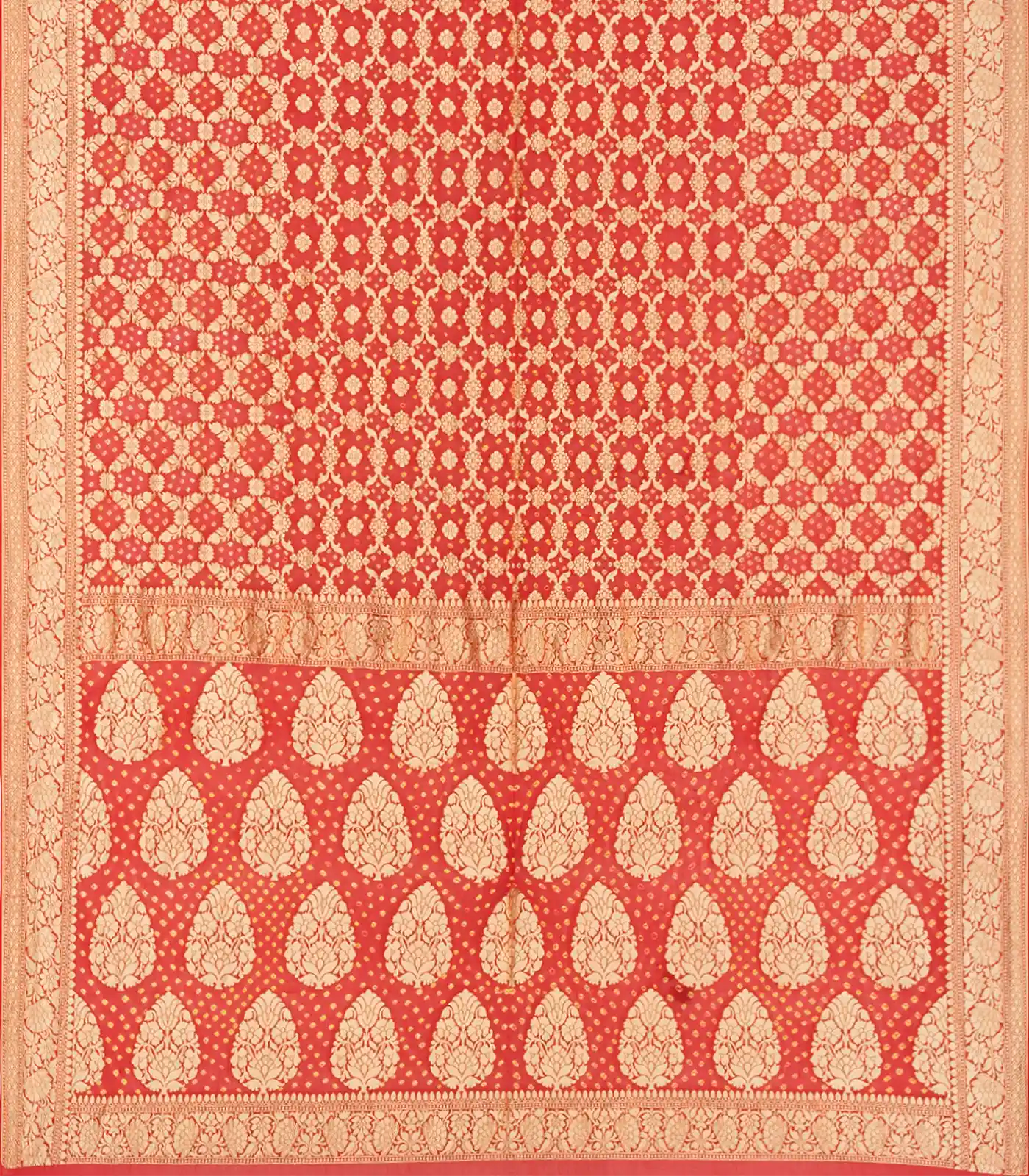 Red Handloom Banarasi Bandhani Khaddi Georgette Saree With Floral Jaal Motifs-Red