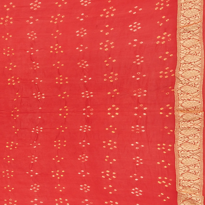 Red Handloom Banarasi Bandhani Khaddi Georgette Saree With Floral Jaal Motifs-Red