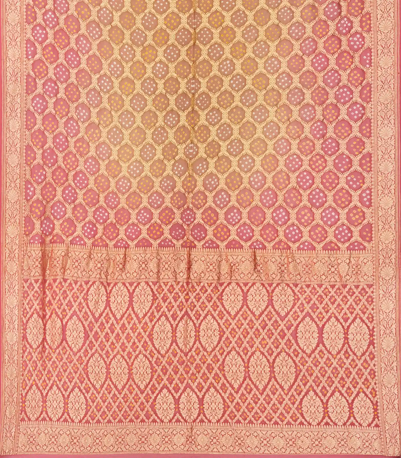 Baby Pink Handloom Banarasi Bandhani Khaddi Georgette Saree With Floral Jaal Motifs-Baby Pink