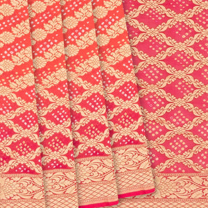 Hot Pink Handloom Banarasi Bandhani Khaddi Georgette Saree With Floral Chevron Motifs-Hot Pink