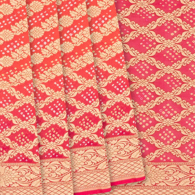 Hot Pink Handloom Banarasi Bandhani Khaddi Georgette Saree With Floral Chevron Motifs-Hot Pink