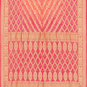 Hot Pink Handloom Banarasi Bandhani Khaddi Georgette Saree With Floral Chevron Motifs-Hot Pink