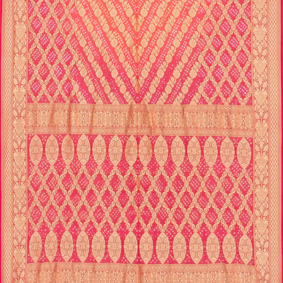 Hot Pink Handloom Banarasi Bandhani Khaddi Georgette Saree With Floral Chevron Motifs-Hot Pink