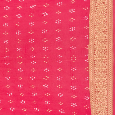 Hot Pink Handloom Banarasi Bandhani Khaddi Georgette Saree With Floral Chevron Motifs-Hot Pink