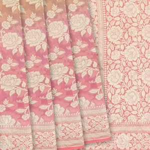 Multi Color Handloom Banarasi Khaddi Georgette Saree With Floral Motifs & Peach Border-Multi colour