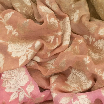 Multi Color Handloom Banarasi Khaddi Georgette Saree With Floral Motifs & Peach Border-Multi colour