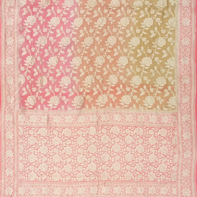 Multi Color Handloom Banarasi Khaddi Georgette Saree With Floral Motifs & Peach Border-Multi colour