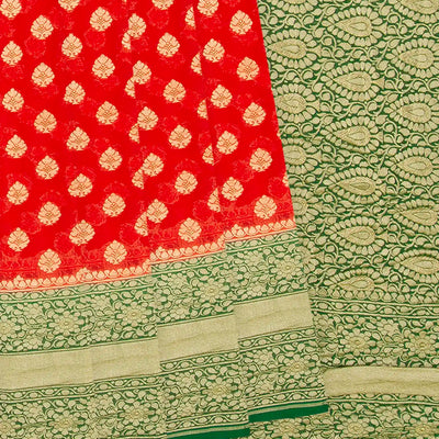 Red Handloom Banarasi Khaddi Georgette Saree With Floral Motifs & Green Border-Red
