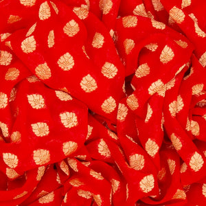 Red Handloom Banarasi Khaddi Georgette Saree With Floral Motifs & Green Border-Red