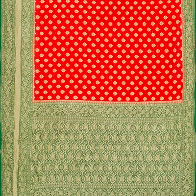 Red Handloom Banarasi Khaddi Georgette Saree With Floral Motifs & Green Border-Red