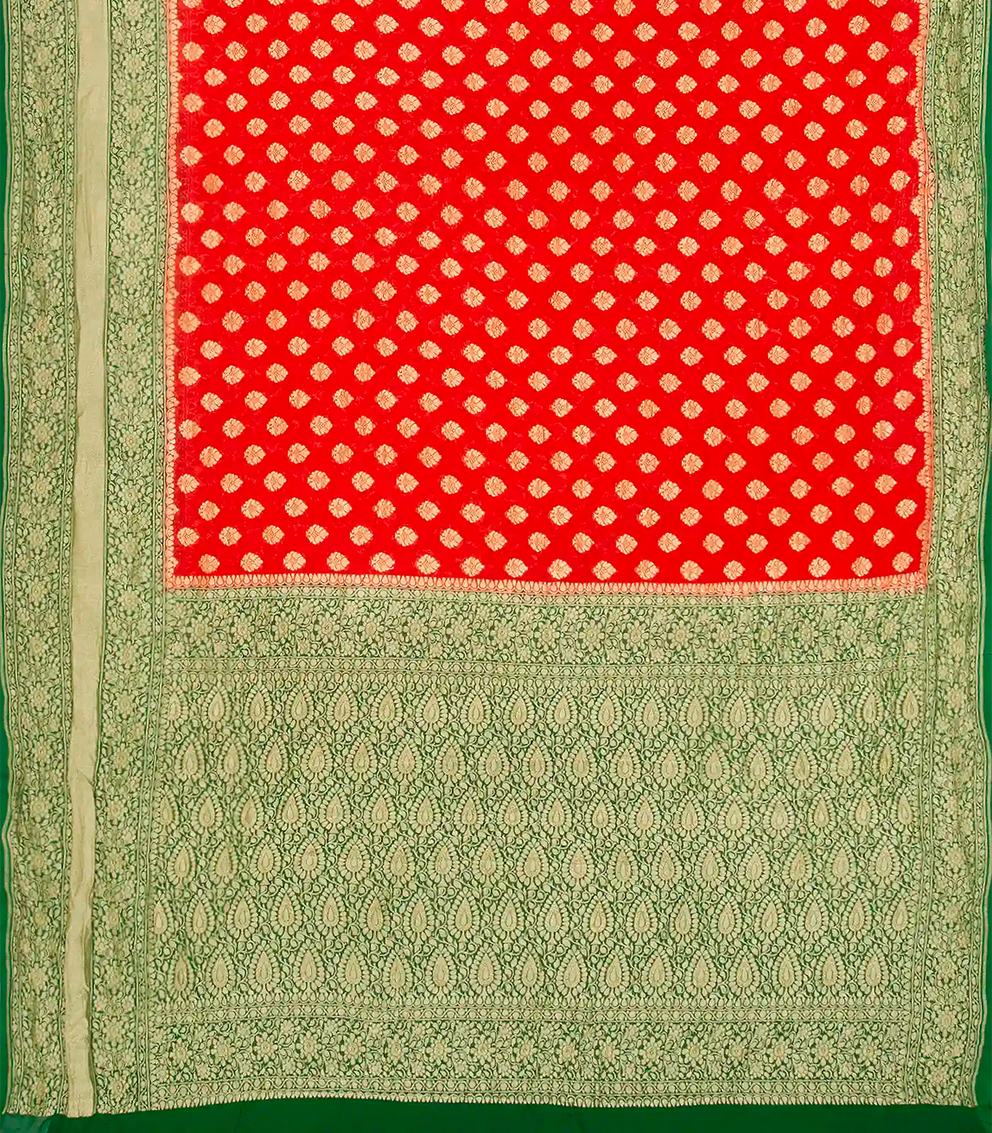 Red Handloom Banarasi Khaddi Georgette Saree With Floral Motifs & Green Border-Red