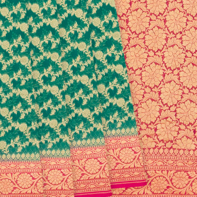 Sea Green Handloom Banarasi Khaddi Georgette Saree With Floral Motifs & Pink Border-Sea Green